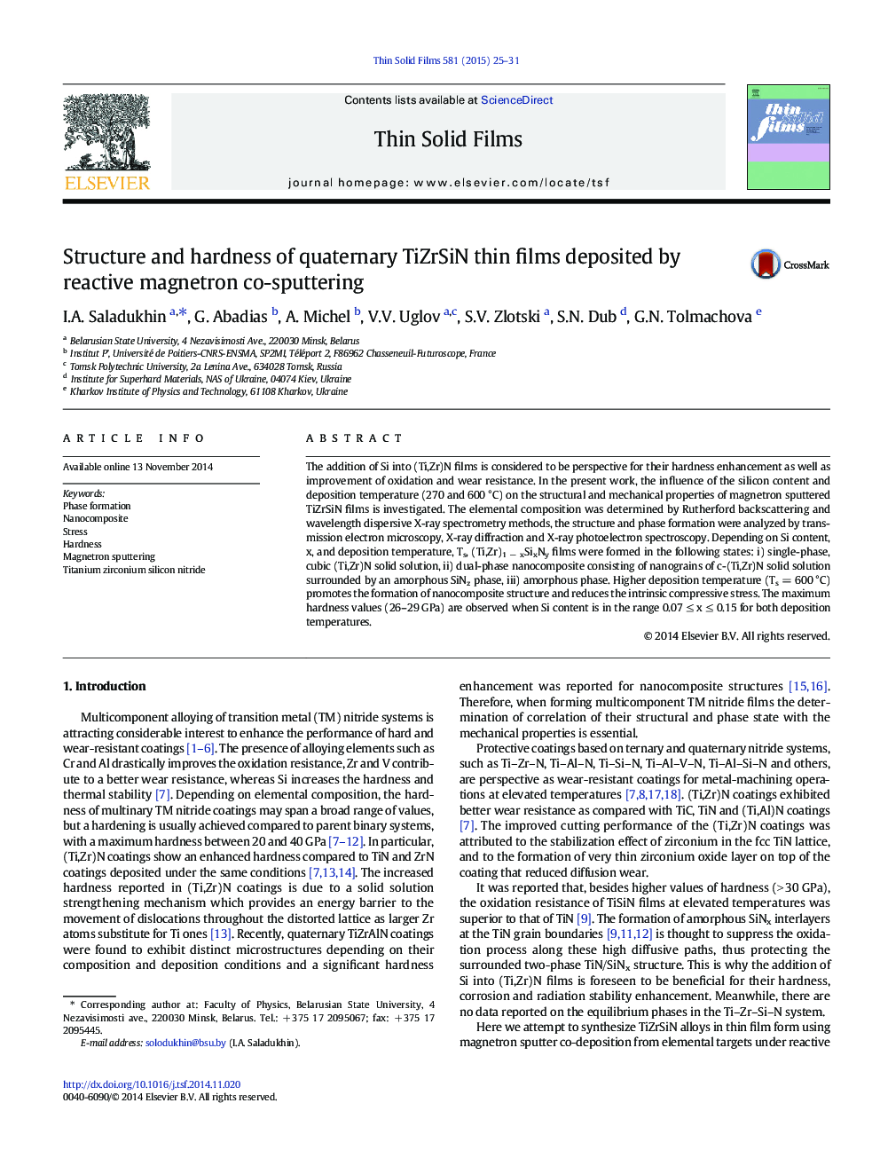 Structure and hardness of quaternary TiZrSiN thin films deposited by reactive magnetron co-sputtering