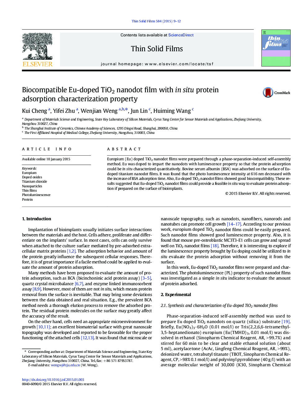 Biocompatible Eu-doped TiO2 nanodot film with in situ protein adsorption characterization property