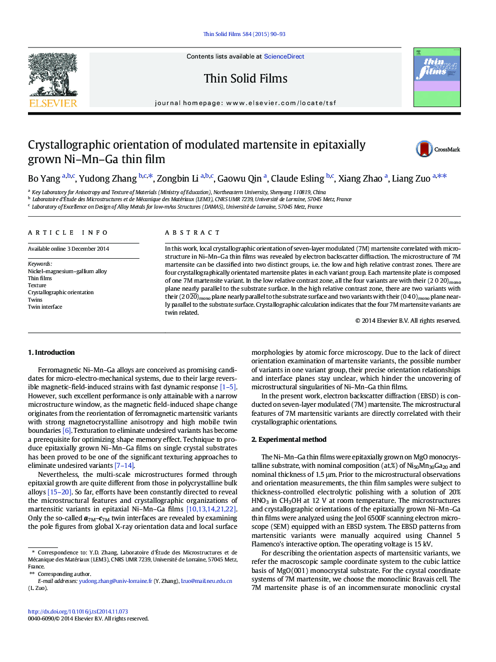 Crystallographic orientation of modulated martensite in epitaxially grown Ni–Mn–Ga thin film