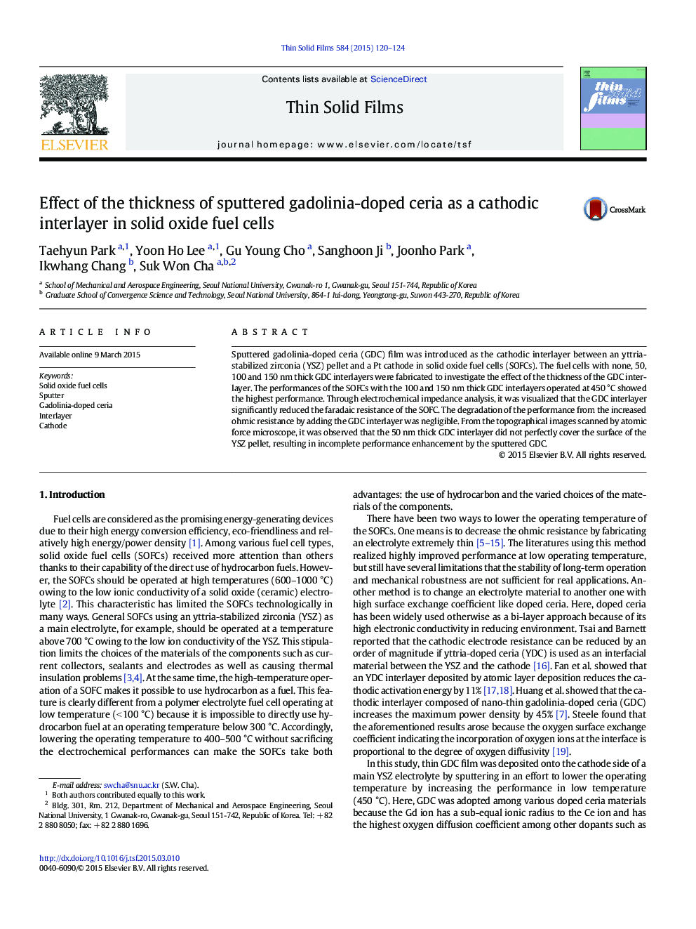 Effect of the thickness of sputtered gadolinia-doped ceria as a cathodic interlayer in solid oxide fuel cells