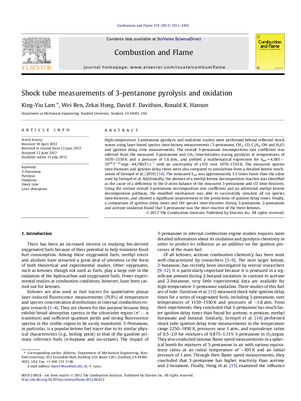 Shock tube measurements of 3-pentanone pyrolysis and oxidation