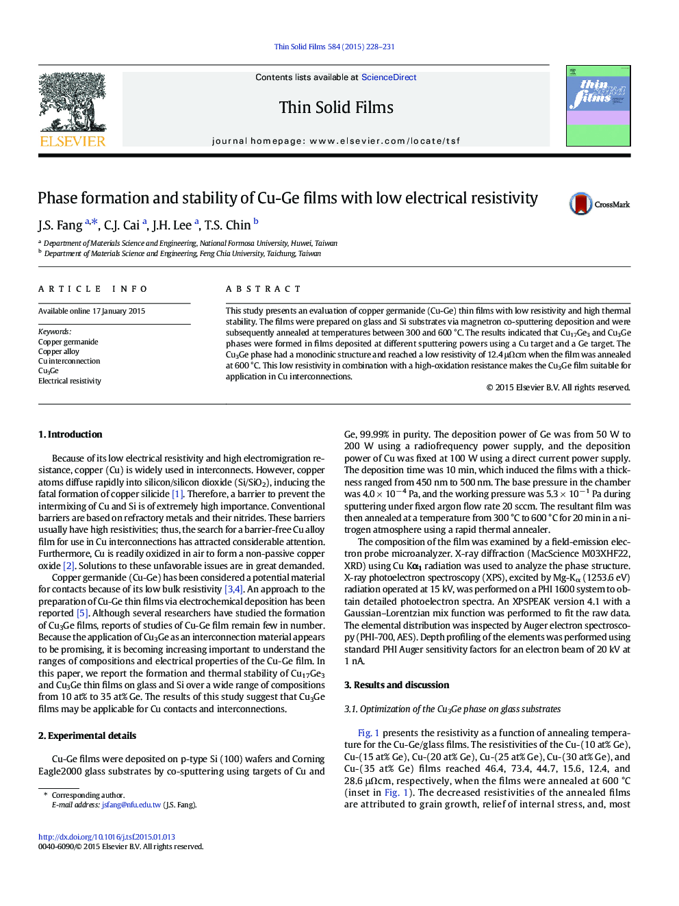 Phase formation and stability of Cu-Ge films with low electrical resistivity