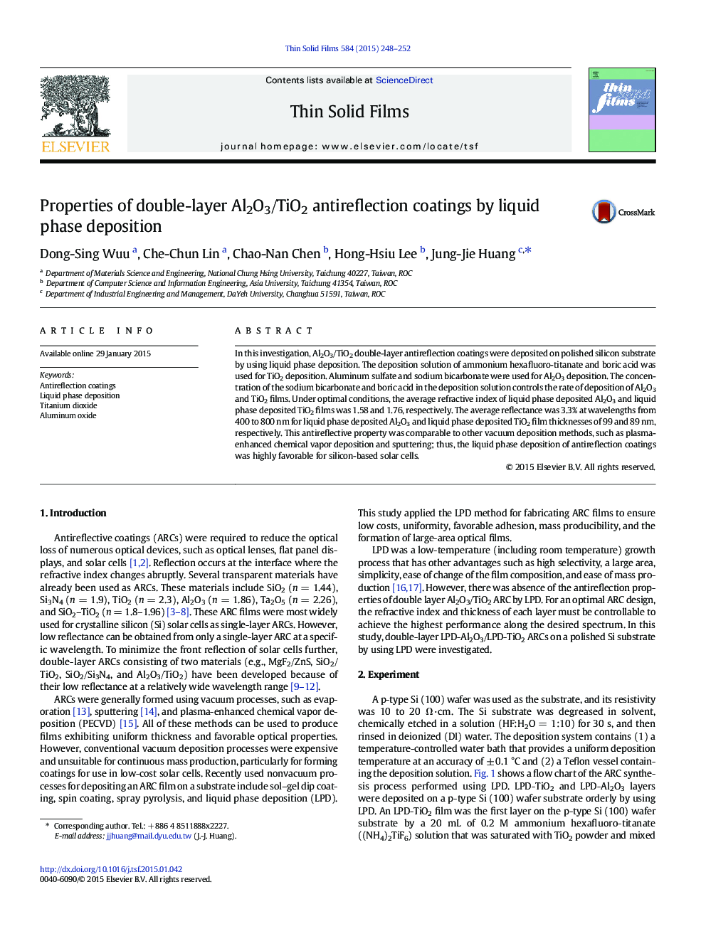 Properties of double-layer Al2O3/TiO2 antireflection coatings by liquid phase deposition