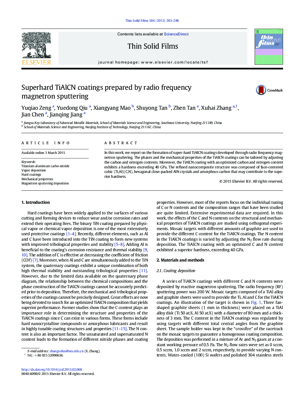 Superhard TiAlCN coatings prepared by radio frequency magnetron sputtering