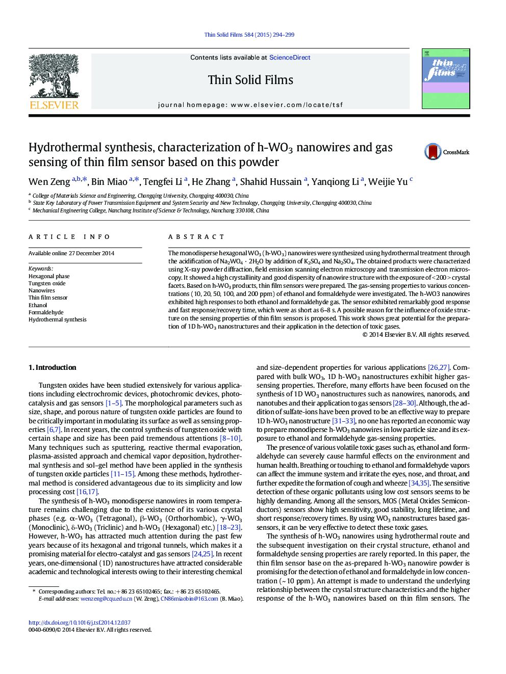 Hydrothermal synthesis, characterization of h-WO3 nanowires and gas sensing of thin film sensor based on this powder