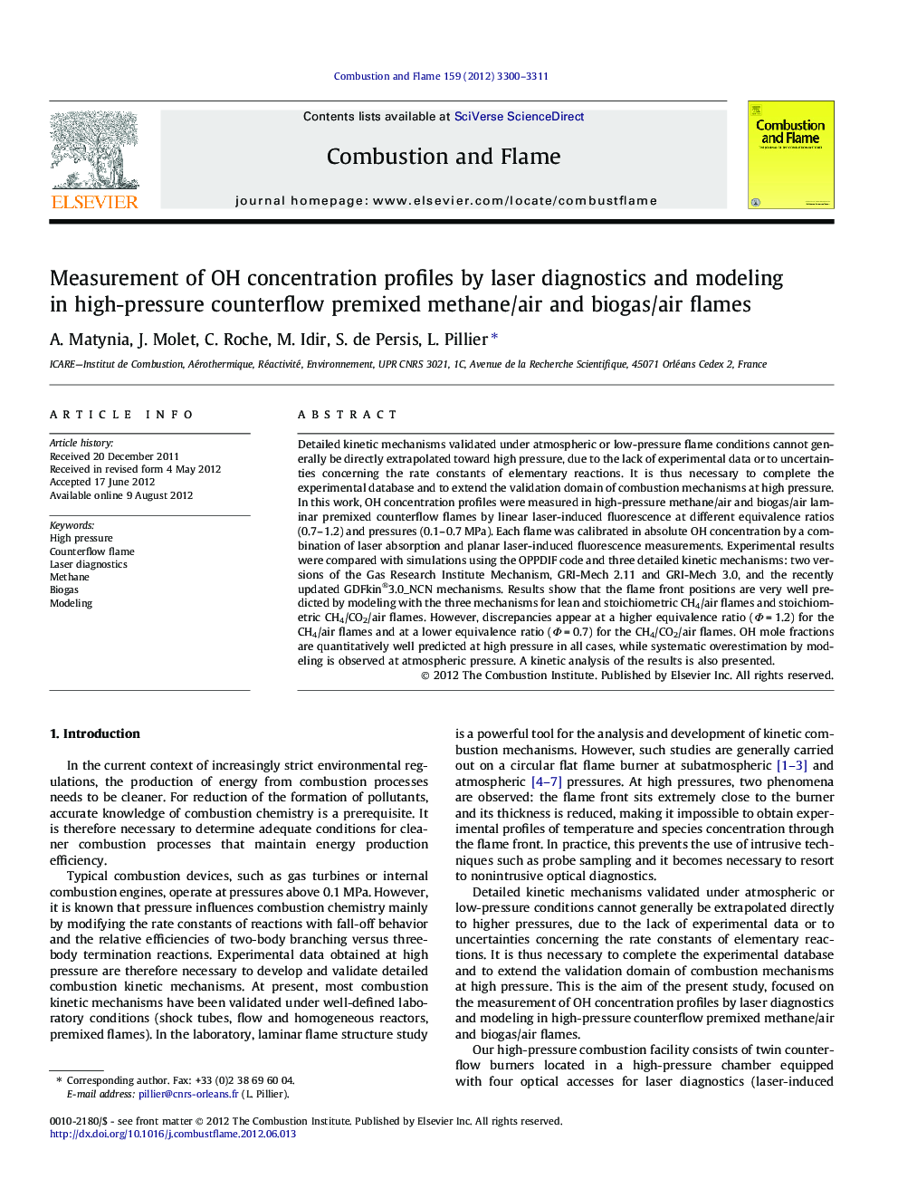 Measurement of OH concentration profiles by laser diagnostics and modeling in high-pressure counterflow premixed methane/air and biogas/air flames