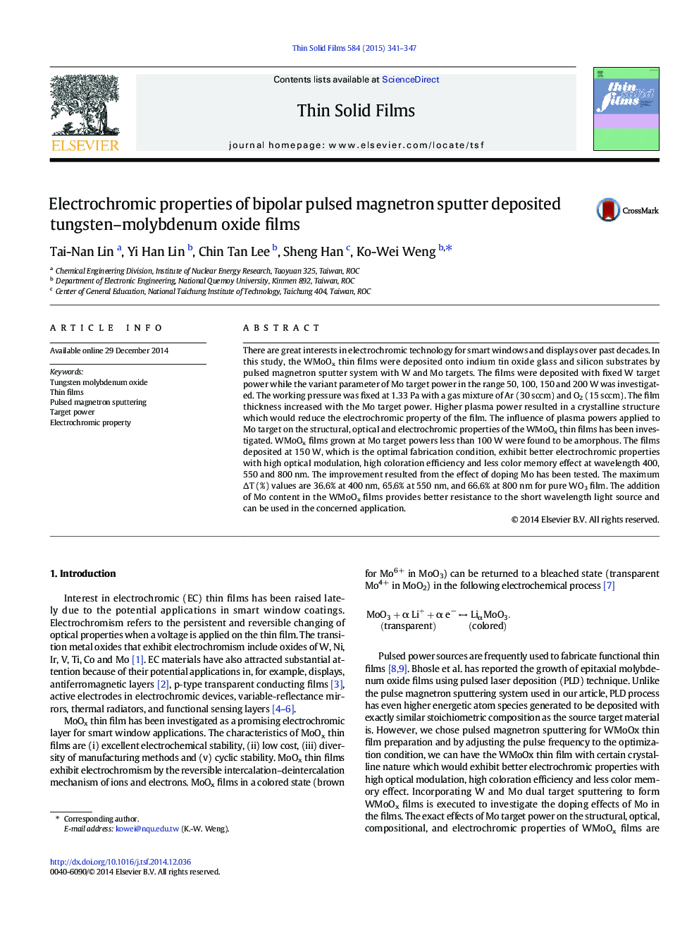 Electrochromic properties of bipolar pulsed magnetron sputter deposited tungsten–molybdenum oxide films