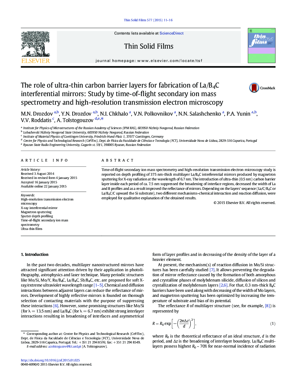 The role of ultra-thin carbon barrier layers for fabrication of La/B4C interferential mirrors: Study by time-of-flight secondary ion mass spectrometry and high-resolution transmission electron microscopy