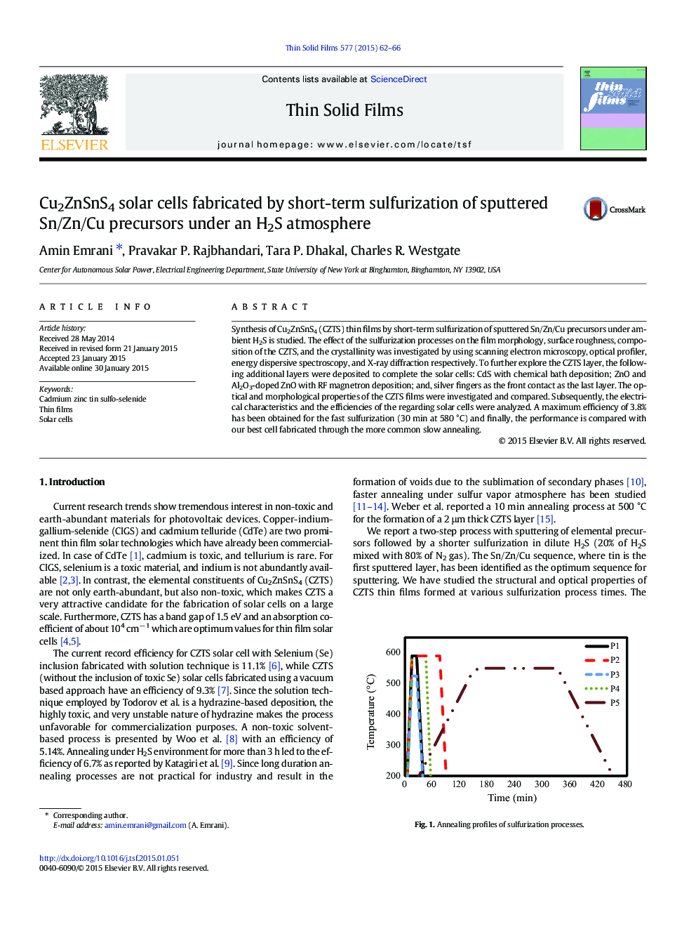 Cu2ZnSnS4 solar cells fabricated by short-term sulfurization of sputtered Sn/Zn/Cu precursors under an H2S atmosphere