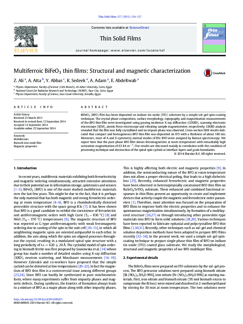 Multiferroic BiFeO3 thin films: Structural and magnetic characterization
