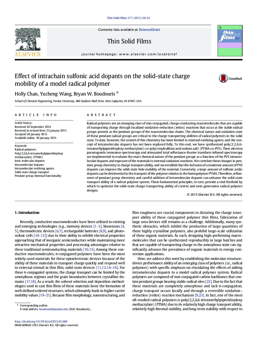 Effect of intrachain sulfonic acid dopants on the solid-state charge mobility of a model radical polymer