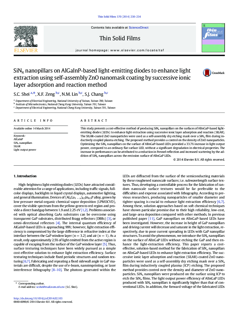 SiNx nanopillars on AlGaInP-based light-emitting diodes to enhance light extraction using self-assembly ZnO nanomask coating by successive ionic layer adsorption and reaction method