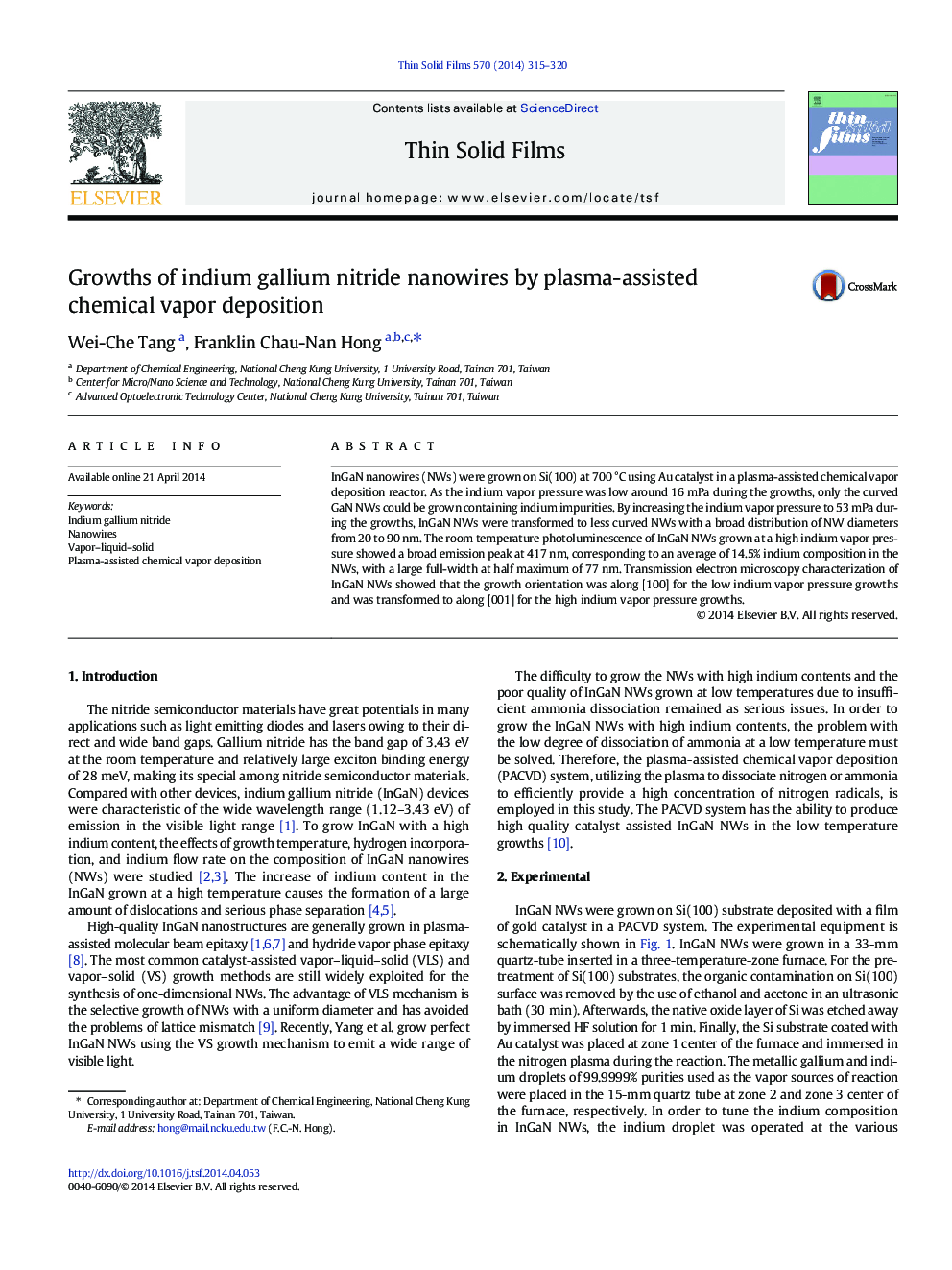 Growths of indium gallium nitride nanowires by plasma-assisted chemical vapor deposition