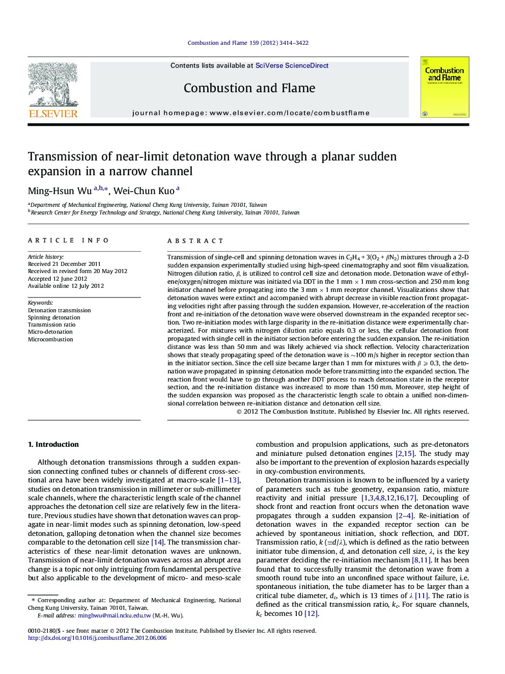 Transmission of near-limit detonation wave through a planar sudden expansion in a narrow channel