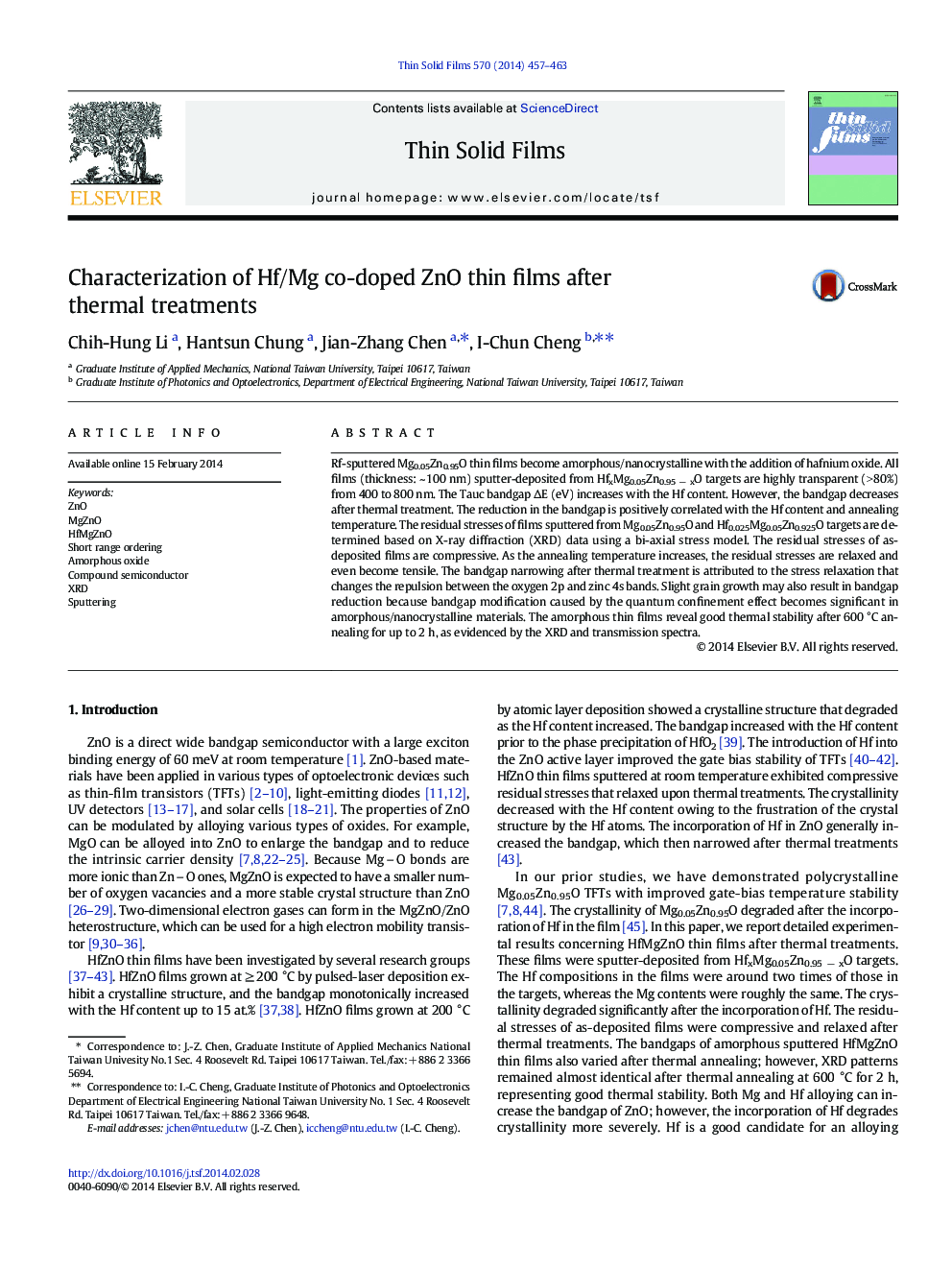 Characterization of Hf/Mg co-doped ZnO thin films after thermal treatments