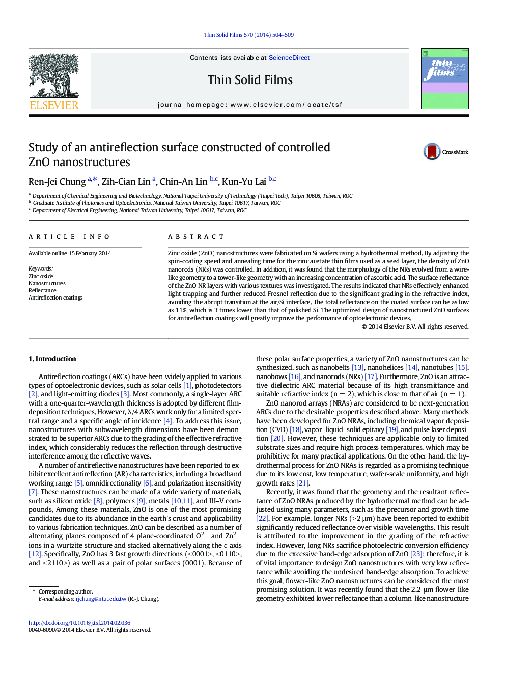 Study of an antireflection surface constructed of controlled ZnO nanostructures