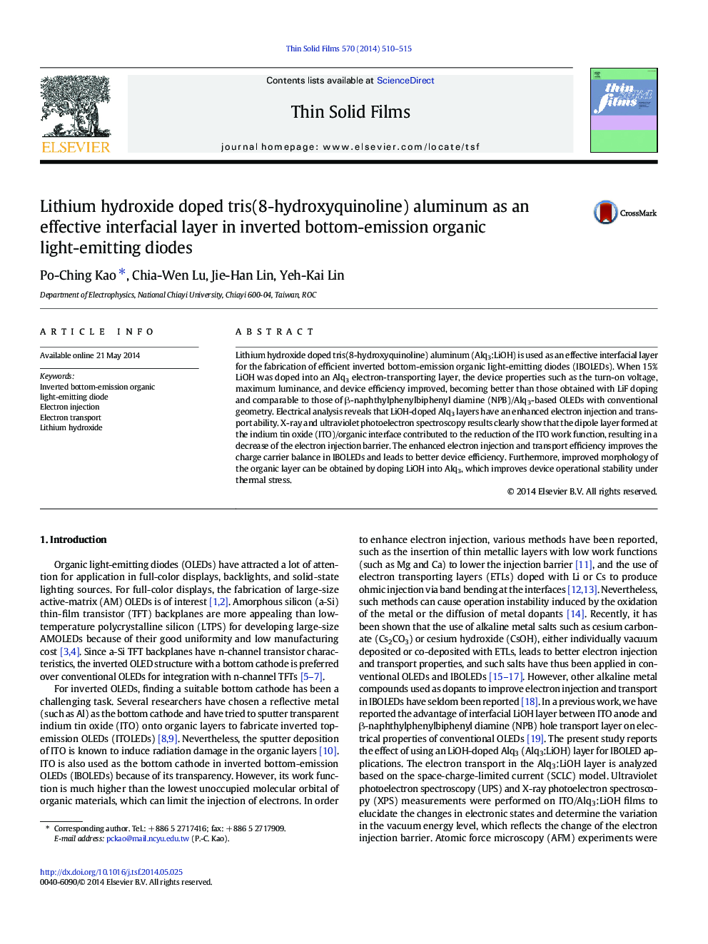 Lithium hydroxide doped tris(8-hydroxyquinoline) aluminum as an effective interfacial layer in inverted bottom-emission organic light-emitting diodes
