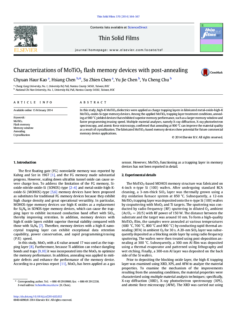 Characterizations of MoTiO5 flash memory devices with post-annealing