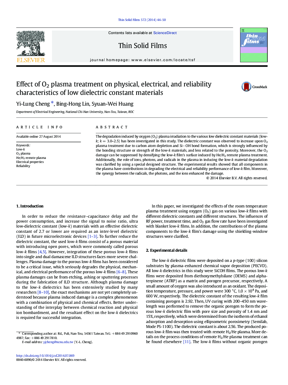 Effect of O2 plasma treatment on physical, electrical, and reliability characteristics of low dielectric constant materials