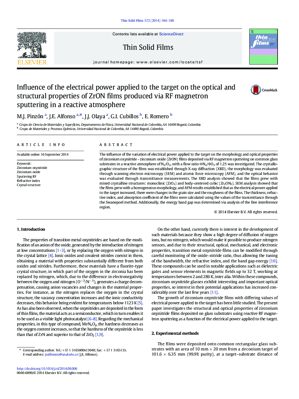 Influence of the electrical power applied to the target on the optical and structural properties of ZrON films produced via RF magnetron sputtering in a reactive atmosphere