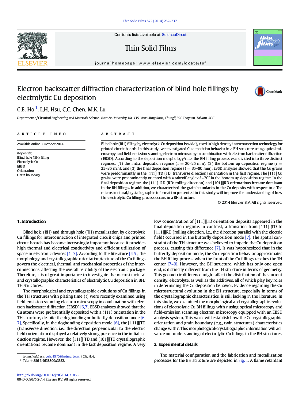 Electron backscatter diffraction characterization of blind hole fillings by electrolytic Cu deposition