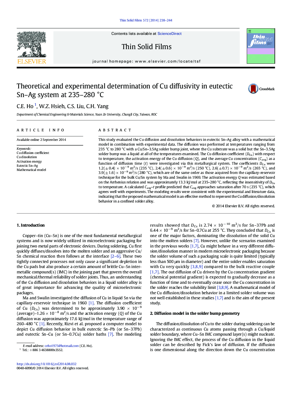 Theoretical and experimental determination of Cu diffusivity in eutectic Sn–Ag system at 235–280 °C