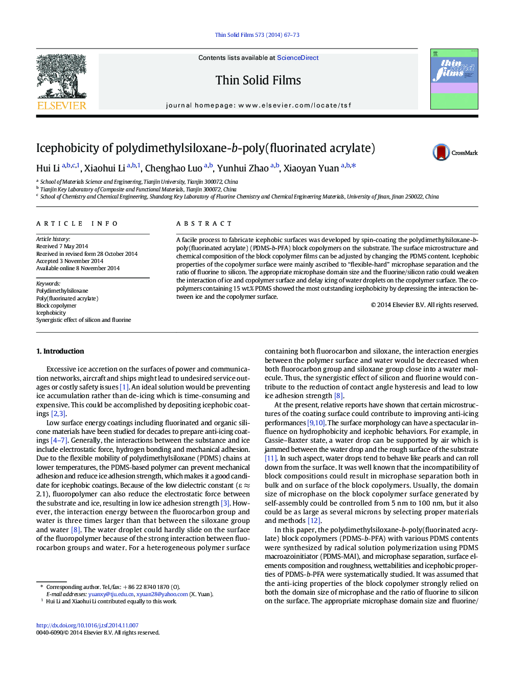 Icephobicity of polydimethylsiloxane-b-poly(fluorinated acrylate)