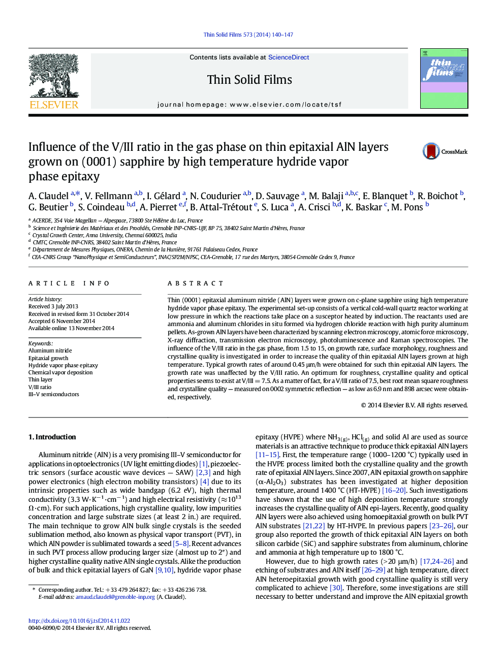 Influence of the V/III ratio in the gas phase on thin epitaxial AlN layers grown on (0001) sapphire by high temperature hydride vapor phase epitaxy