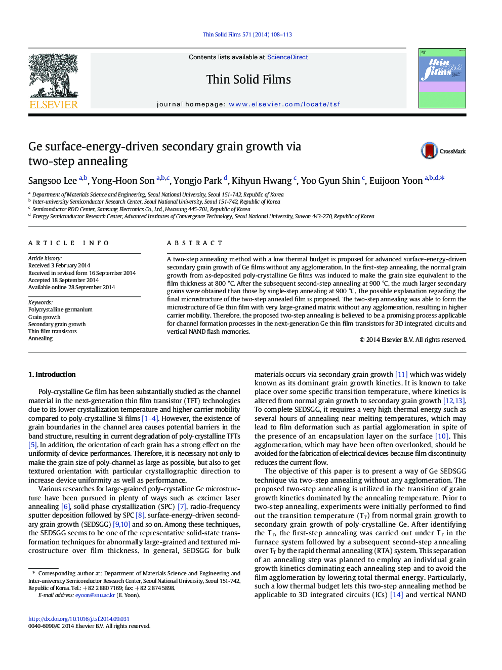 Ge surface-energy-driven secondary grain growth via two-step annealing