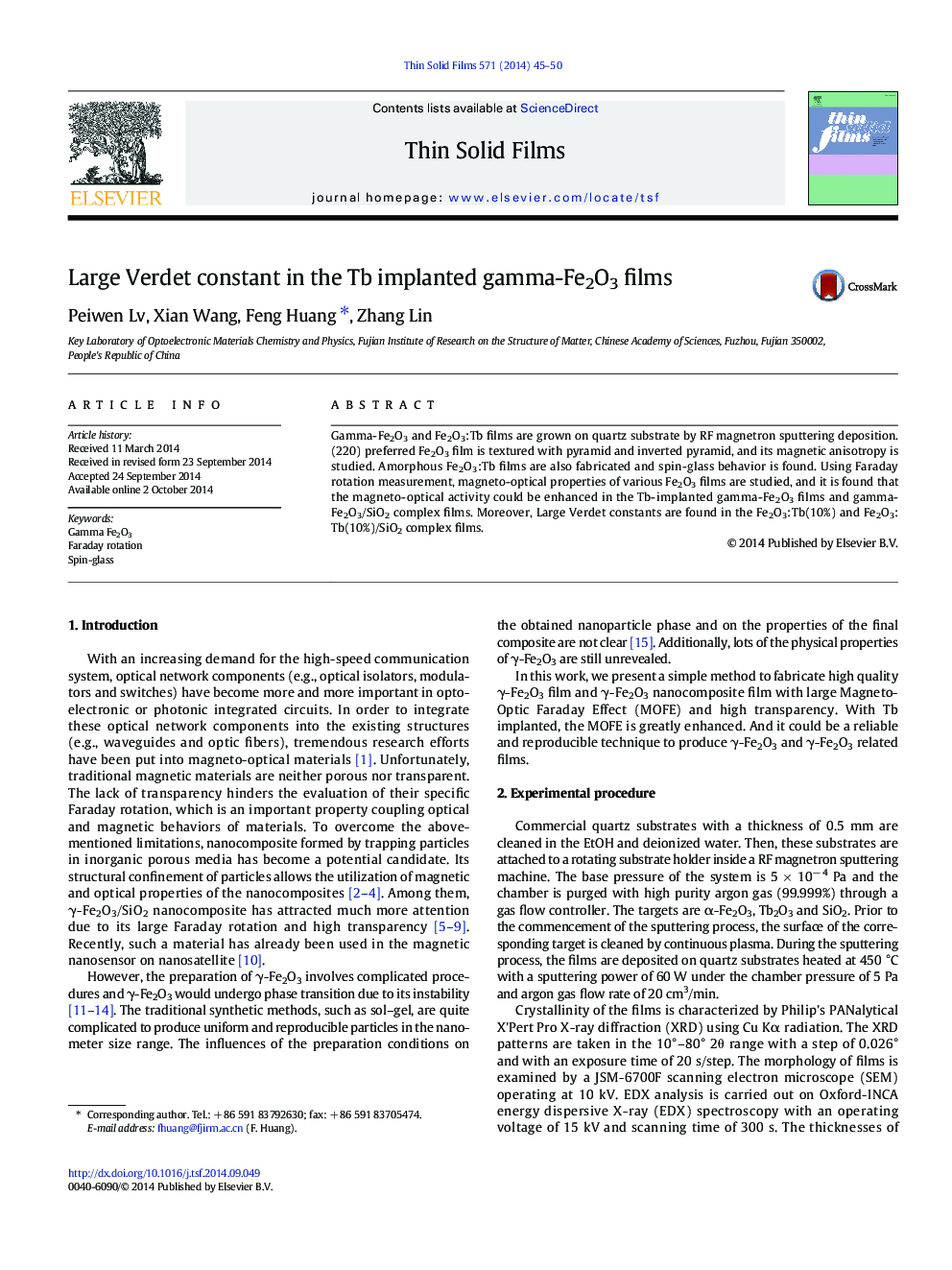 Large Verdet constant in the Tb implanted gamma-Fe2O3 films