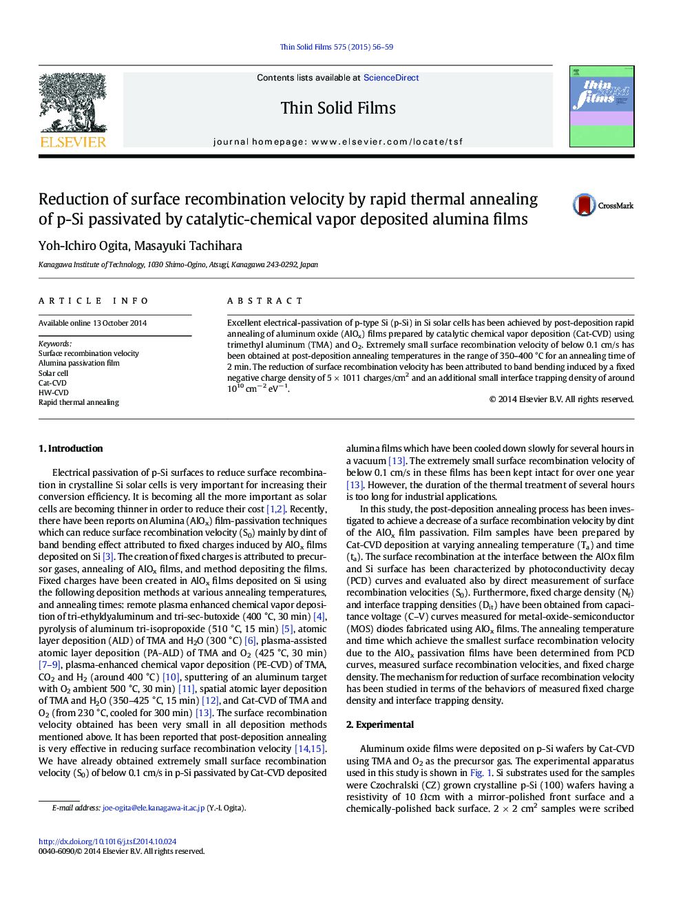 Reduction of surface recombination velocity by rapid thermal annealing of p-Si passivated by catalytic-chemical vapor deposited alumina films