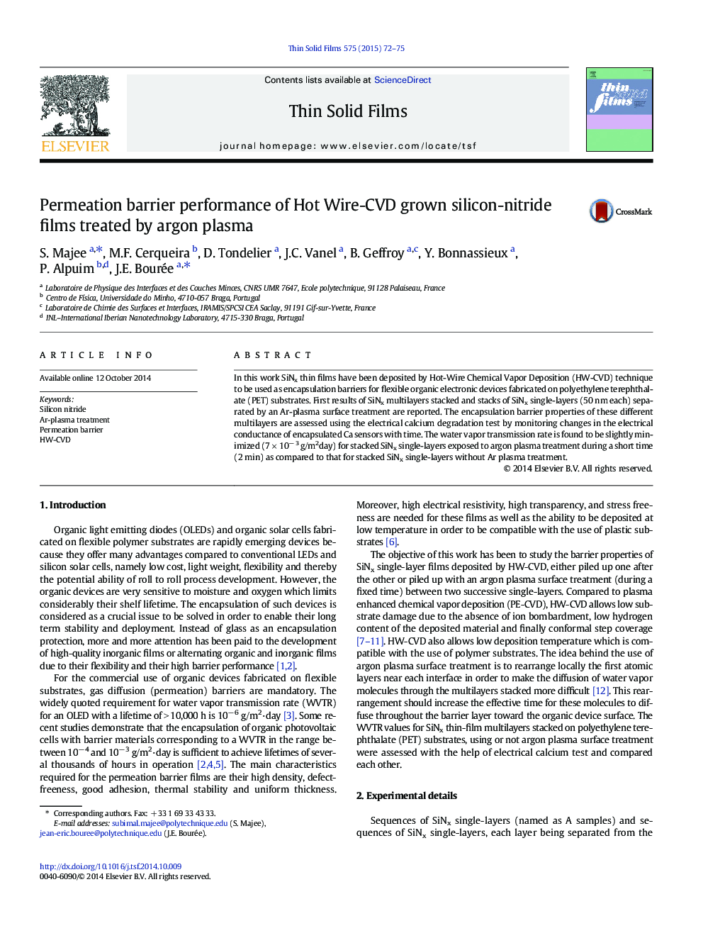 Permeation barrier performance of Hot Wire-CVD grown silicon-nitride films treated by argon plasma