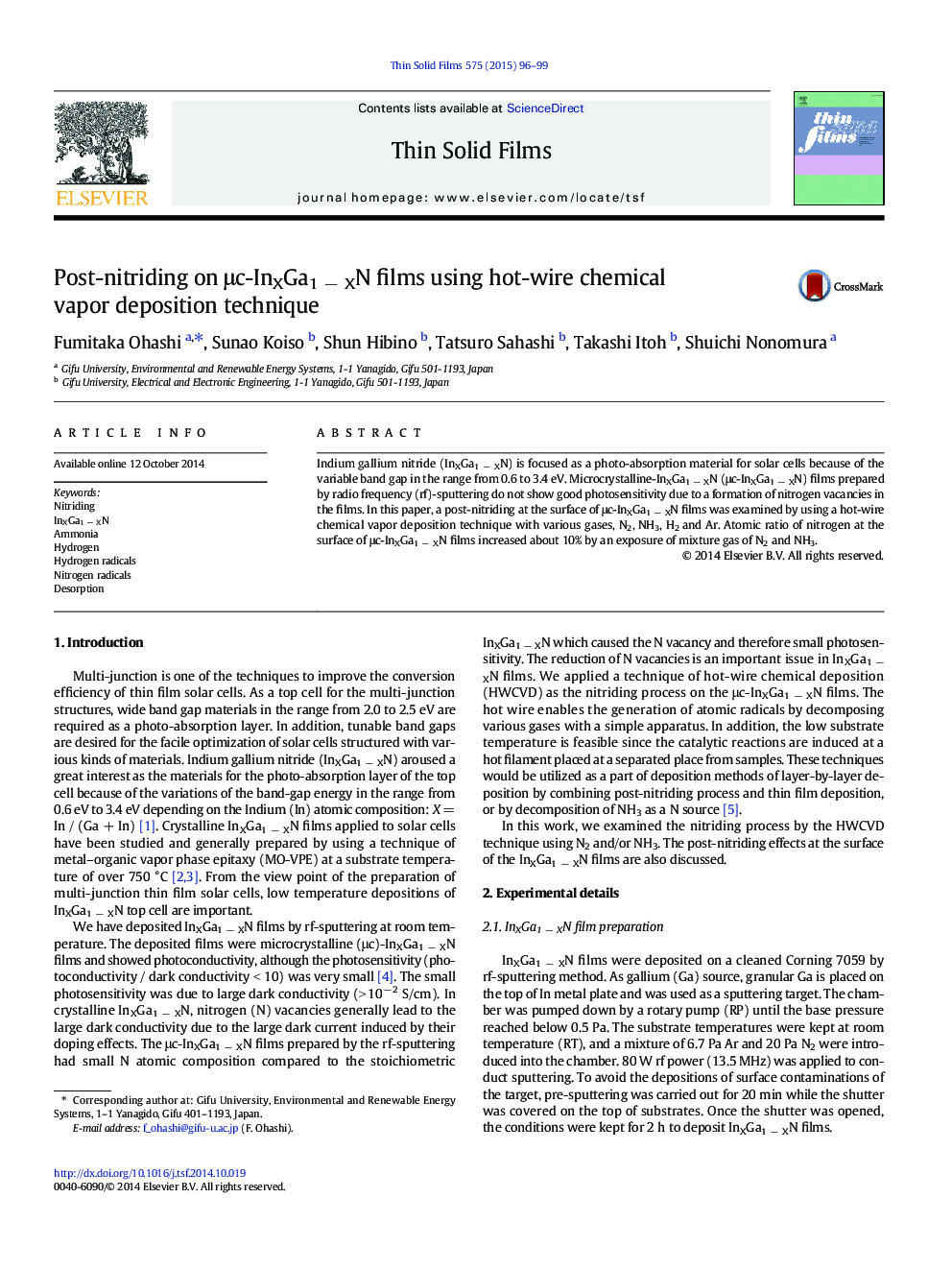 Post-nitriding on μc-InXGa1 − XN films using hot-wire chemical vapor deposition technique