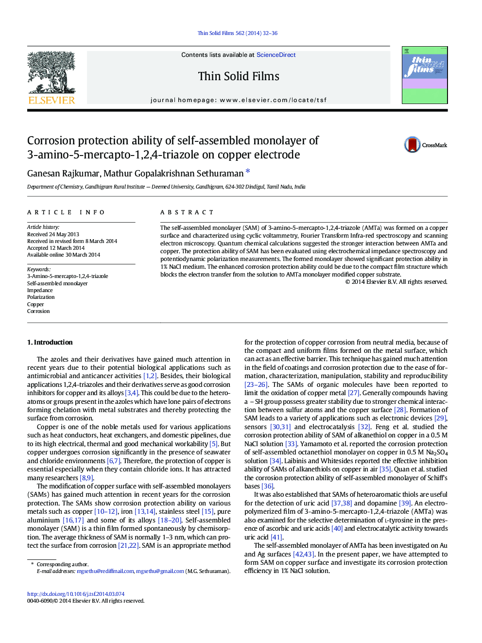 Corrosion protection ability of self-assembled monolayer of 3-amino-5-mercapto-1,2,4-triazole on copper electrode