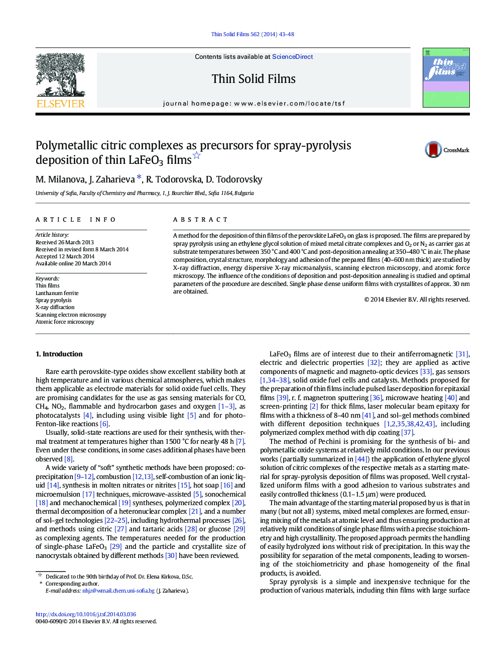 Polymetallic citric complexes as precursors for spray-pyrolysis deposition of thin LaFeO3 films 