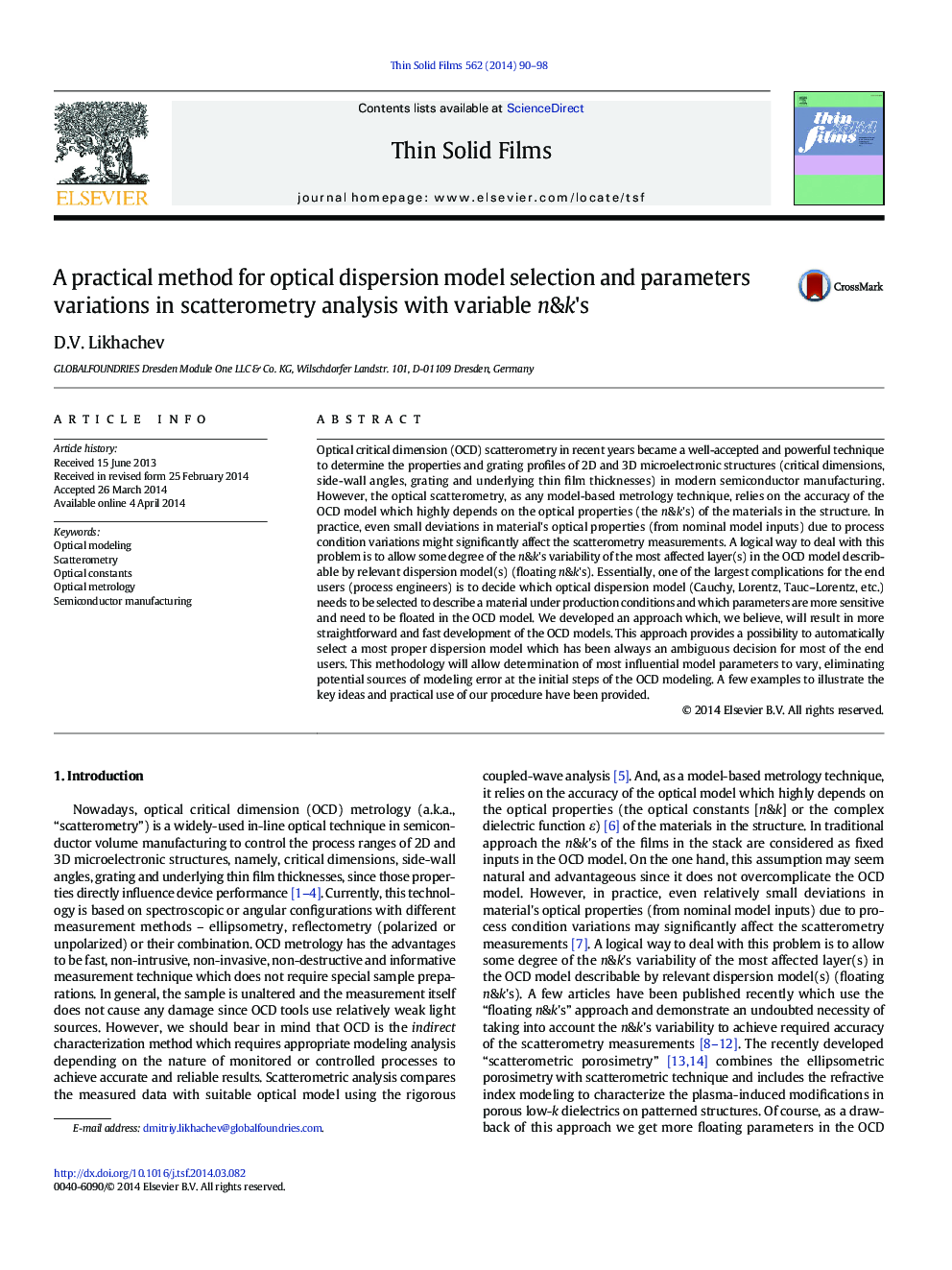 A practical method for optical dispersion model selection and parameters variations in scatterometry analysis with variable n&k's