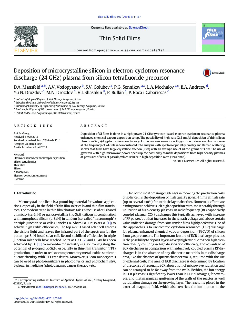Deposition of microcrystalline silicon in electron-cyclotron resonance discharge (24 GHz) plasma from silicon tetrafluoride precursor