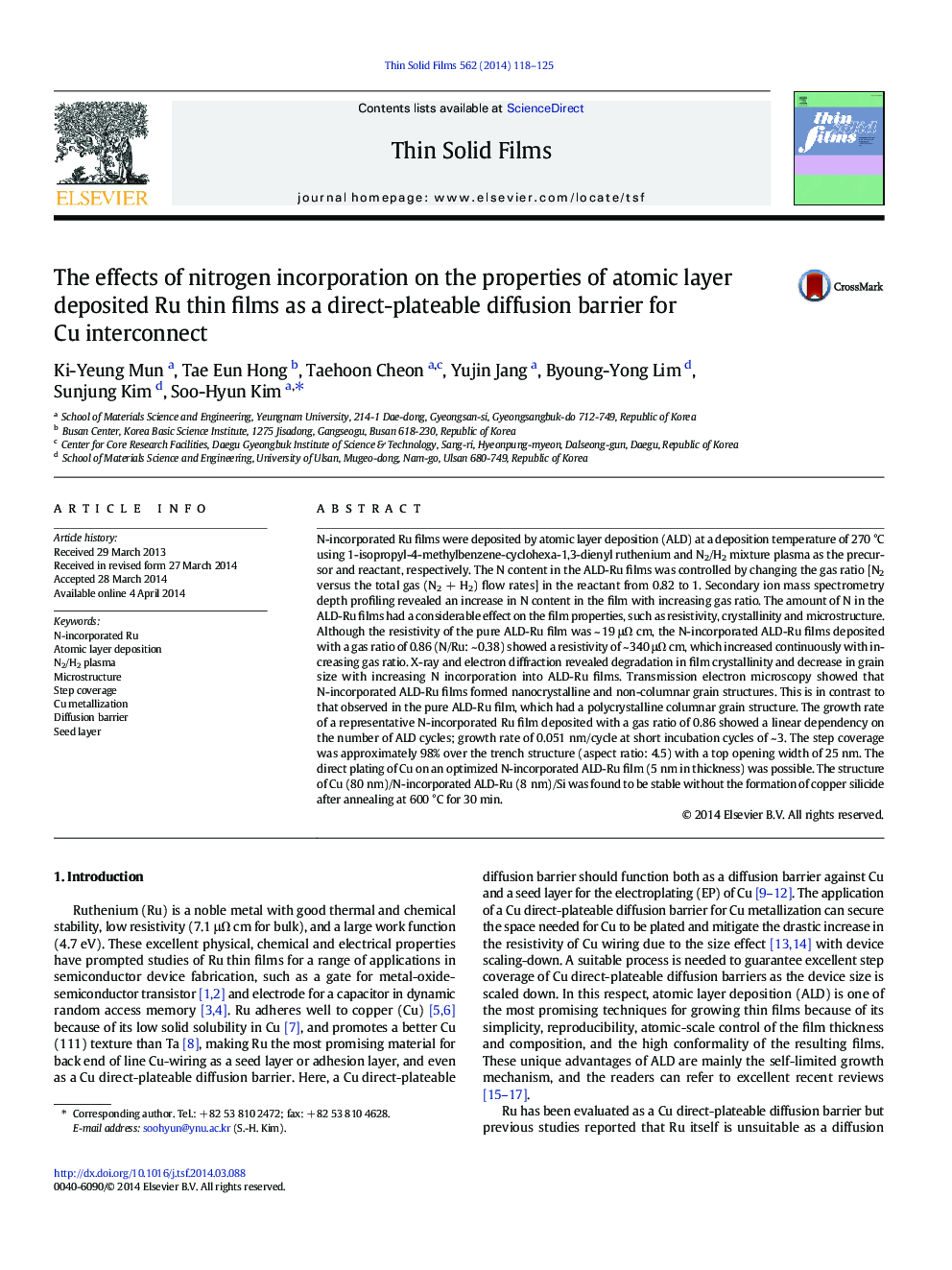 The effects of nitrogen incorporation on the properties of atomic layer deposited Ru thin films as a direct-plateable diffusion barrier for Cu interconnect