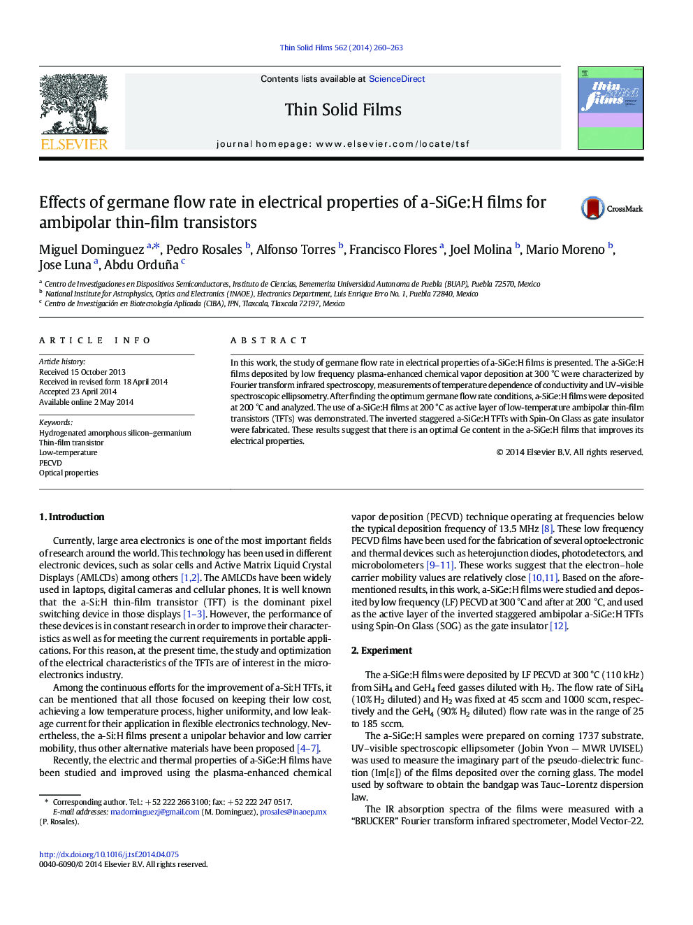 Effects of germane flow rate in electrical properties of a-SiGe:H films for ambipolar thin-film transistors