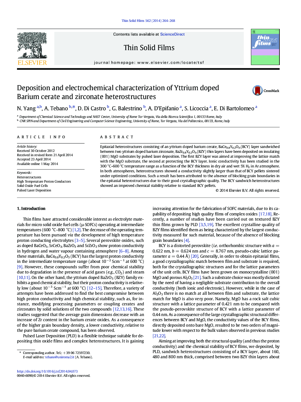 Deposition and electrochemical characterization of Yttrium doped Barium cerate and zirconate heterostructures