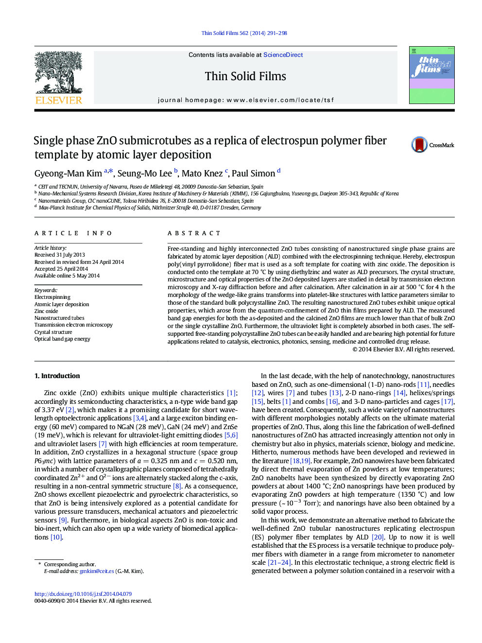 Single phase ZnO submicrotubes as a replica of electrospun polymer fiber template by atomic layer deposition