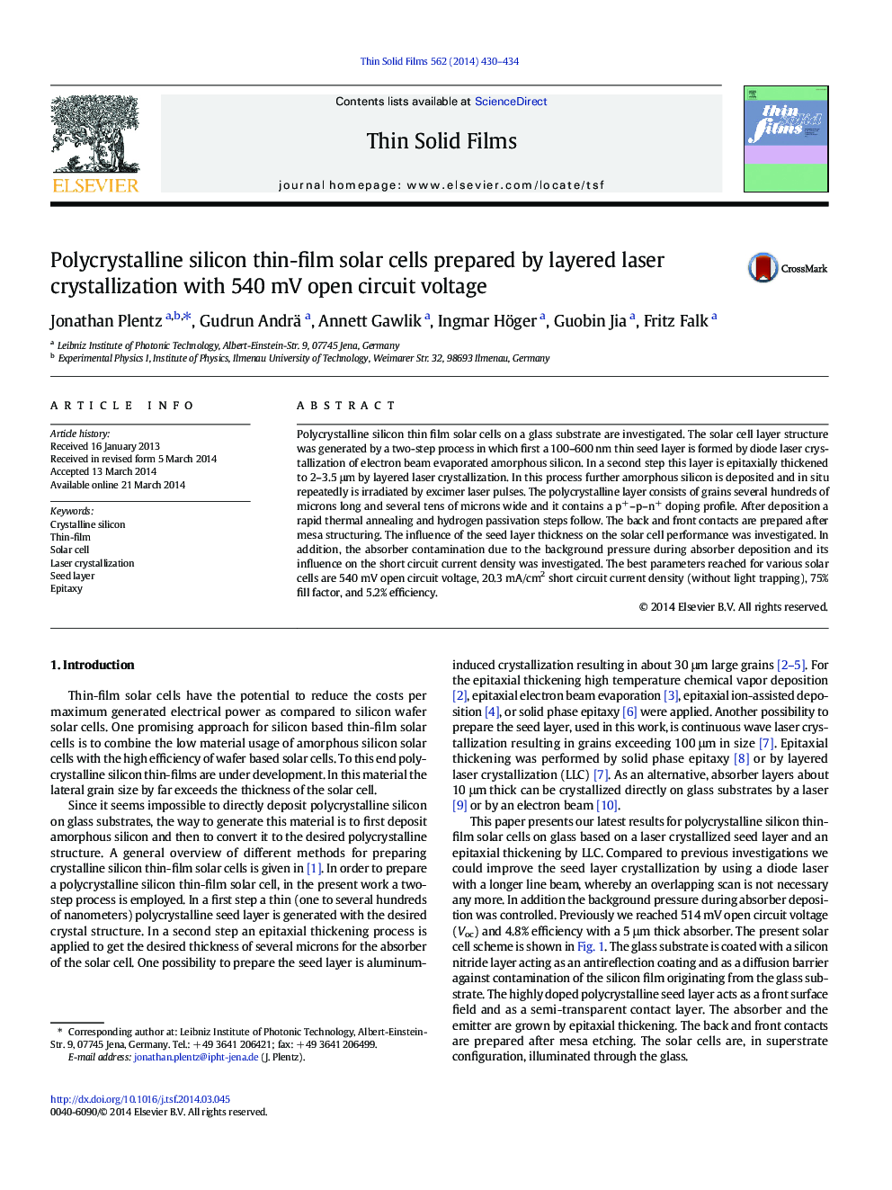 Polycrystalline silicon thin-film solar cells prepared by layered laser crystallization with 540Â mV open circuit voltage