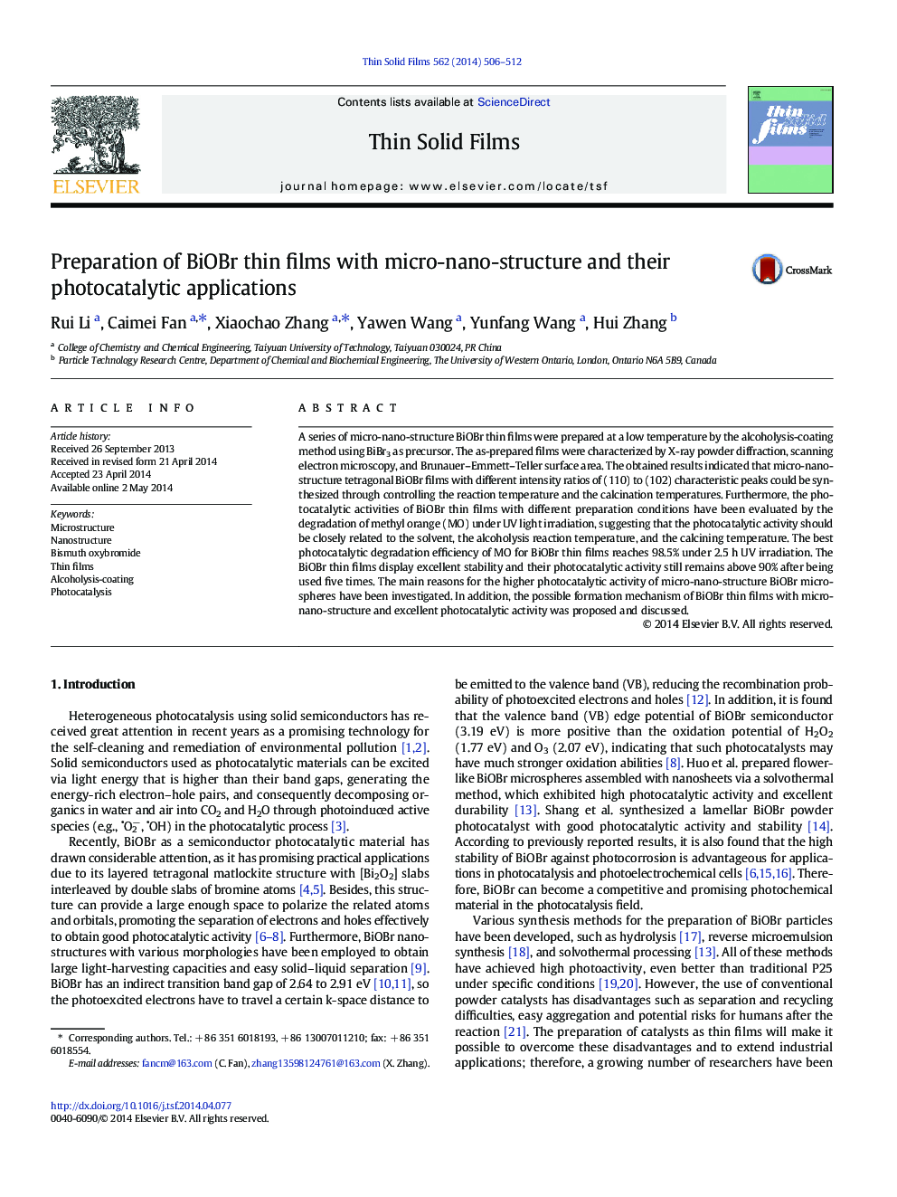 Preparation of BiOBr thin films with micro-nano-structure and their photocatalytic applications