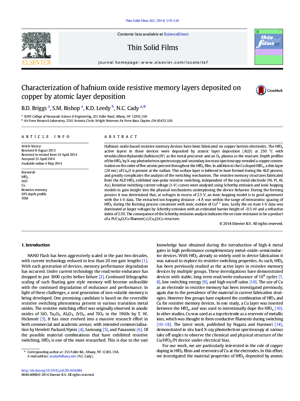 Characterization of hafnium oxide resistive memory layers deposited on copper by atomic layer deposition