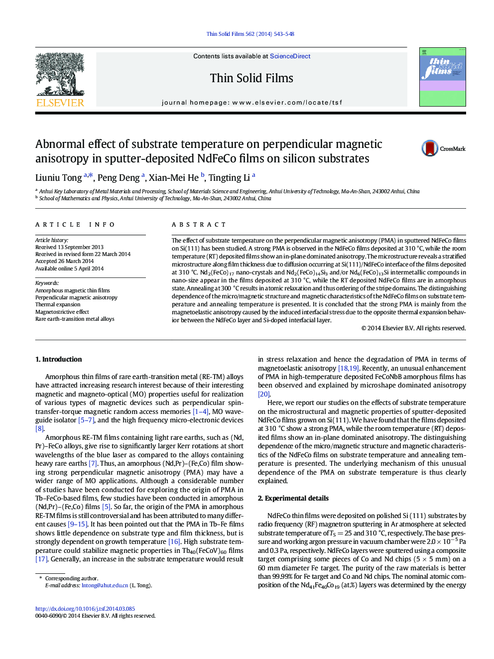 Abnormal effect of substrate temperature on perpendicular magnetic anisotropy in sputter-deposited NdFeCo films on silicon substrates