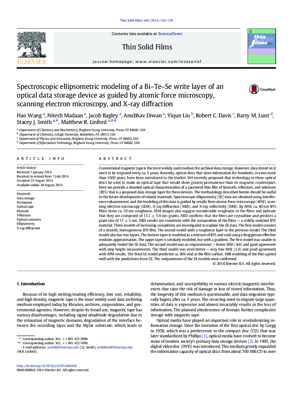 Spectroscopic ellipsometric modeling of a Bi–Te–Se write layer of an optical data storage device as guided by atomic force microscopy, scanning electron microscopy, and X-ray diffraction