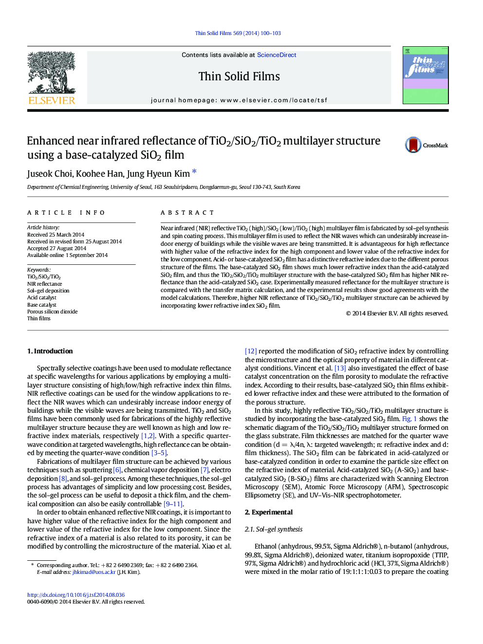 Enhanced near infrared reflectance of TiO2/SiO2/TiO2 multilayer structure using a base-catalyzed SiO2 film