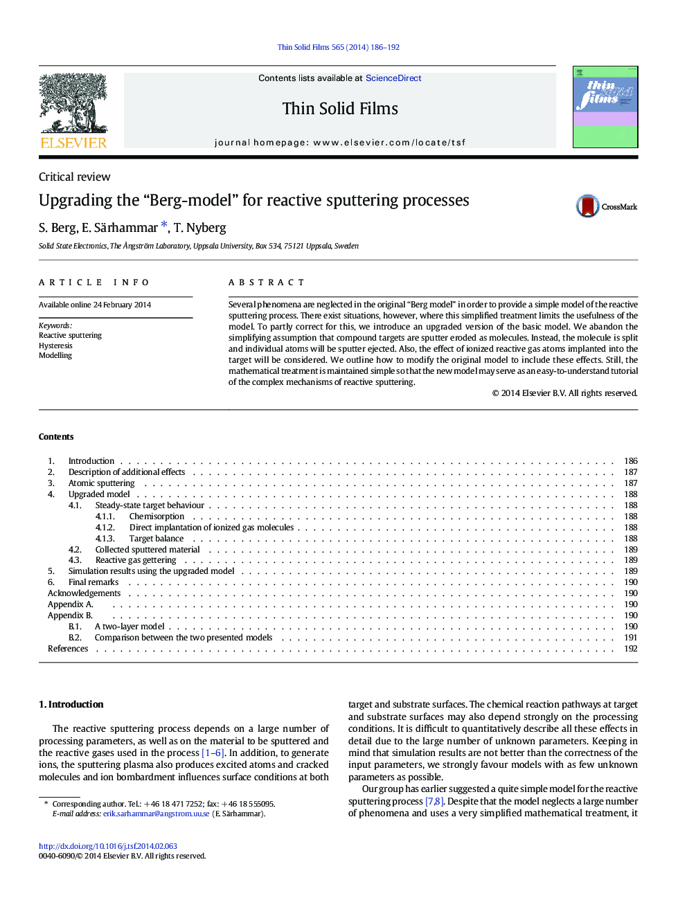 Upgrading the “Berg-model” for reactive sputtering processes