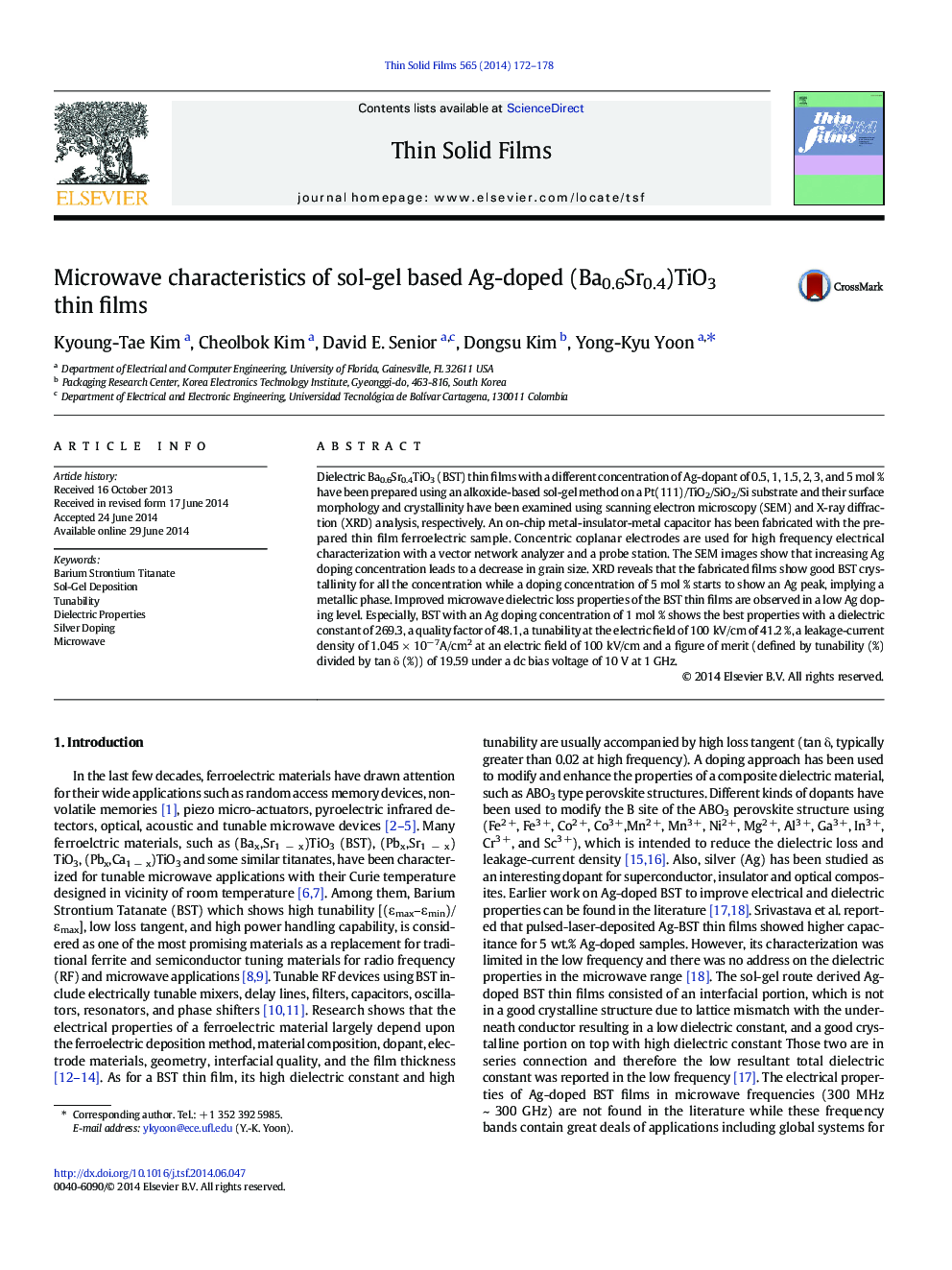 Microwave characteristics of sol-gel based Ag-doped (Ba0.6Sr0.4)TiO3 thin films