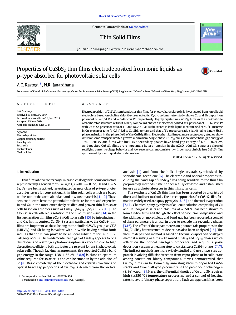 Properties of CuSbS2 thin films electrodeposited from ionic liquids as p-type absorber for photovoltaic solar cells